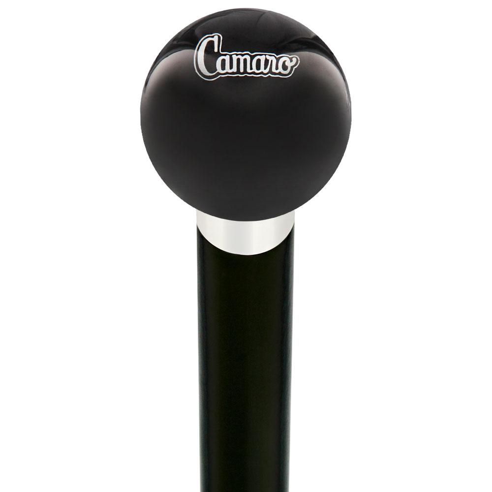 Licensed Camaro Emblem Black Round Knob Cane w/ Custom Wood Shaft & Collar Car Themed Canes - Tophatter Daily Deals