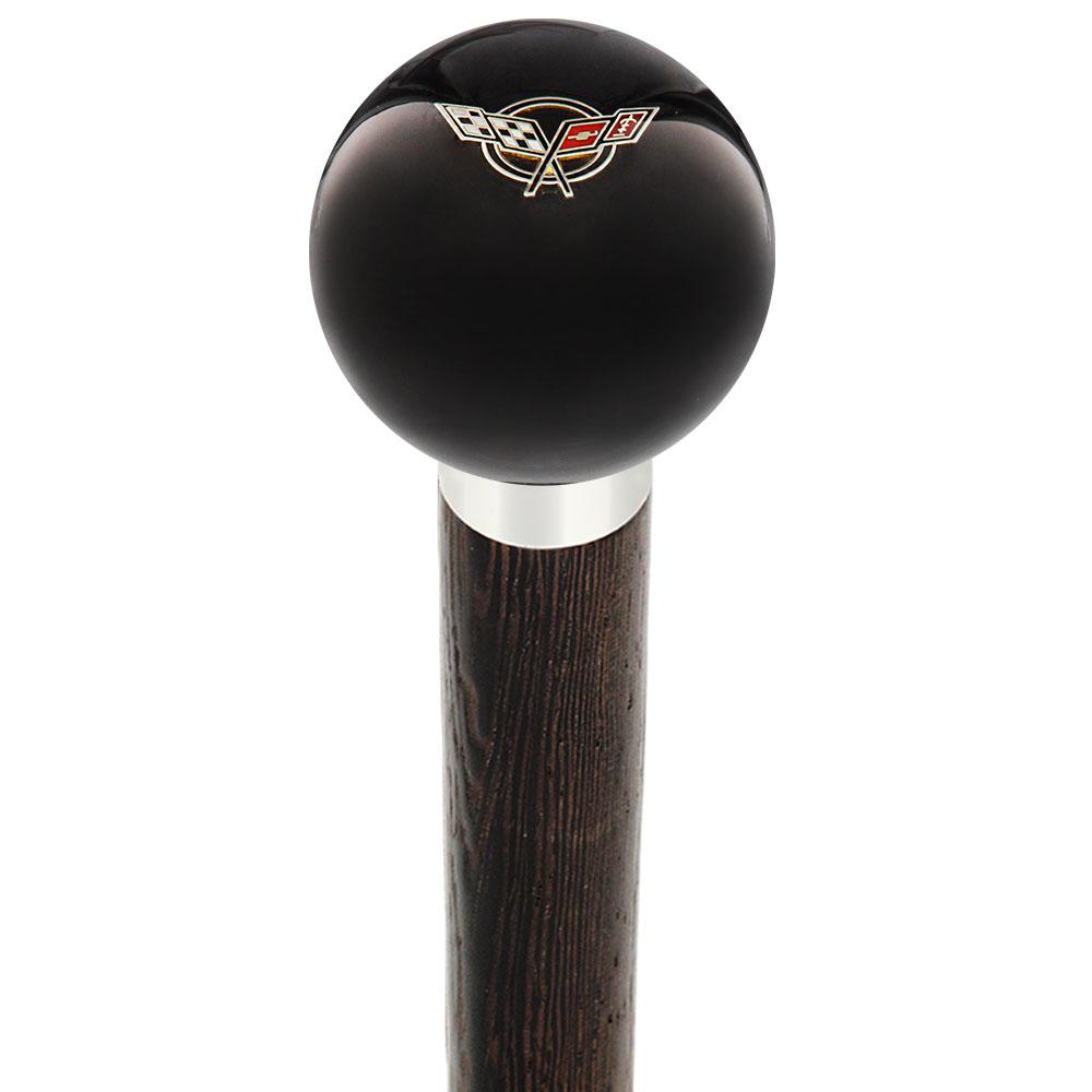 Licensed Corvette Angled Flags Emblem Black Round Knob Cane w/ Custom Wood Shaft & Collar Car Themed Canes - Tophatter Daily Deals