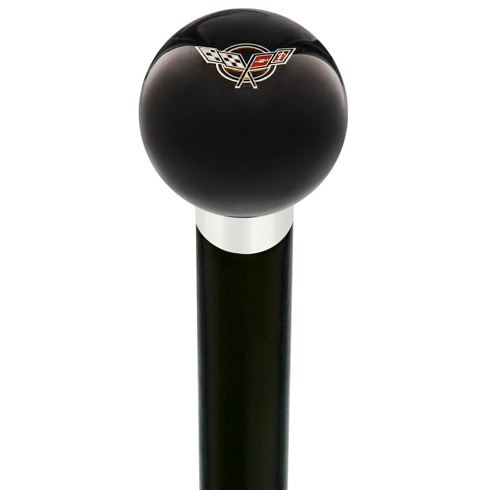 Licensed Corvette Angled Flags Emblem Black Round Knob Cane w/ Custom Wood Shaft & Collar Car Themed Canes - Tophatter Daily Deals