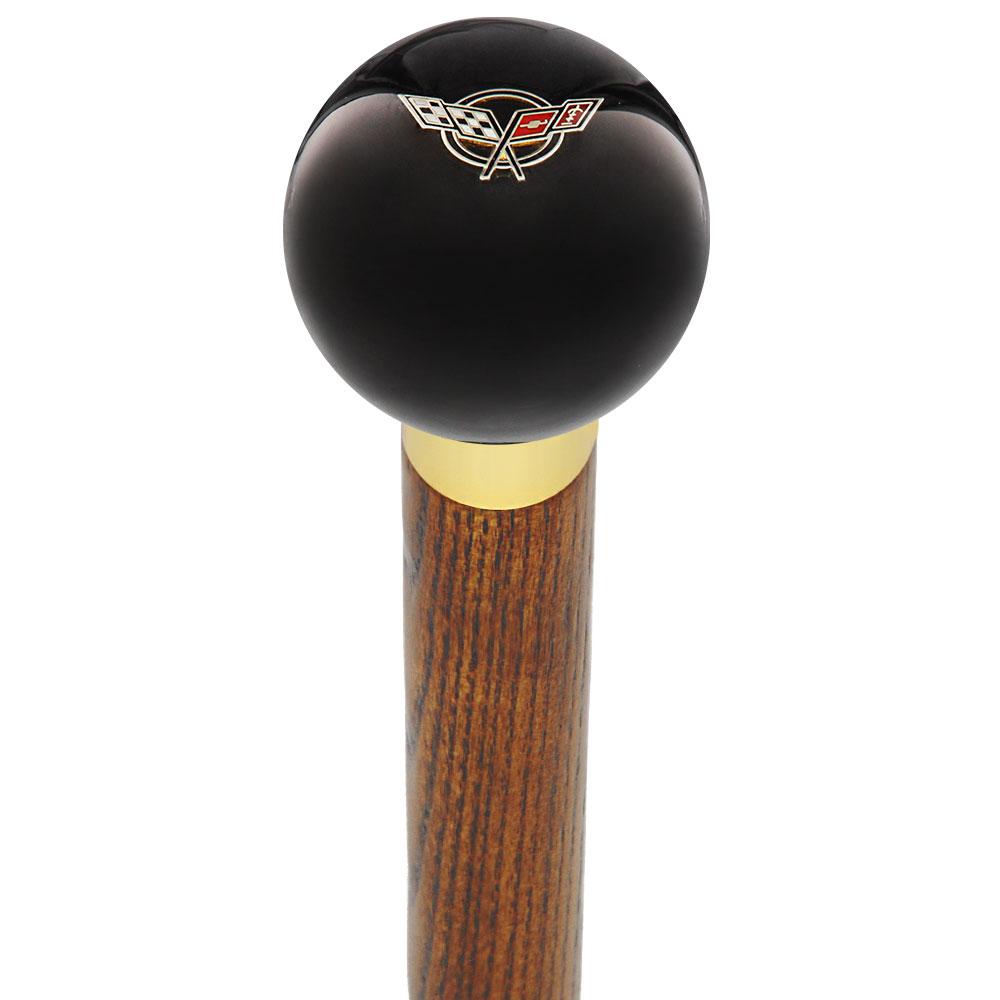 Licensed Corvette Angled Flags Emblem Black Round Knob Cane w/ Custom Wood Shaft & Collar Car Themed Canes - Tophatter Daily Deals