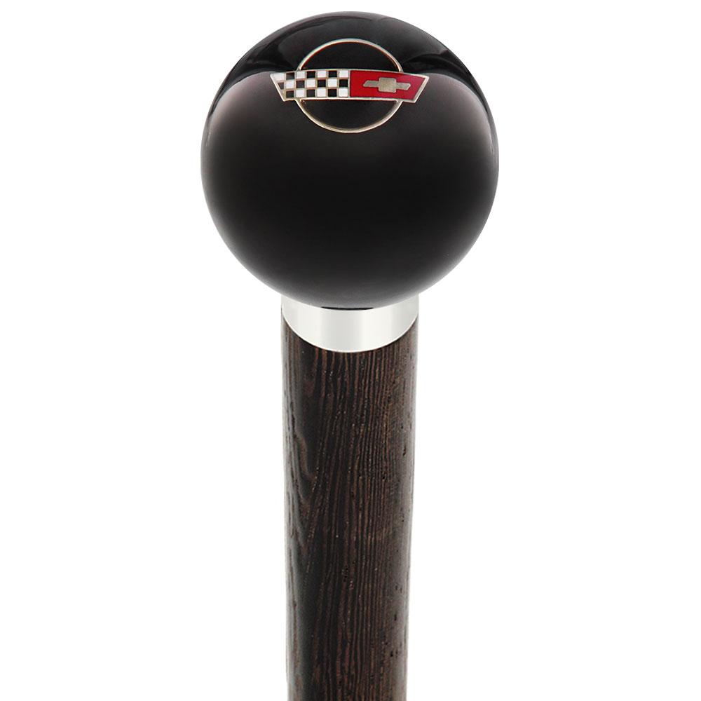 Licensed Corvette Side by Side Flags Emblem Black Round Knob Cane w/ Custom Wood Shaft & Collar Car Themed Canes - Tophatter Daily Deals