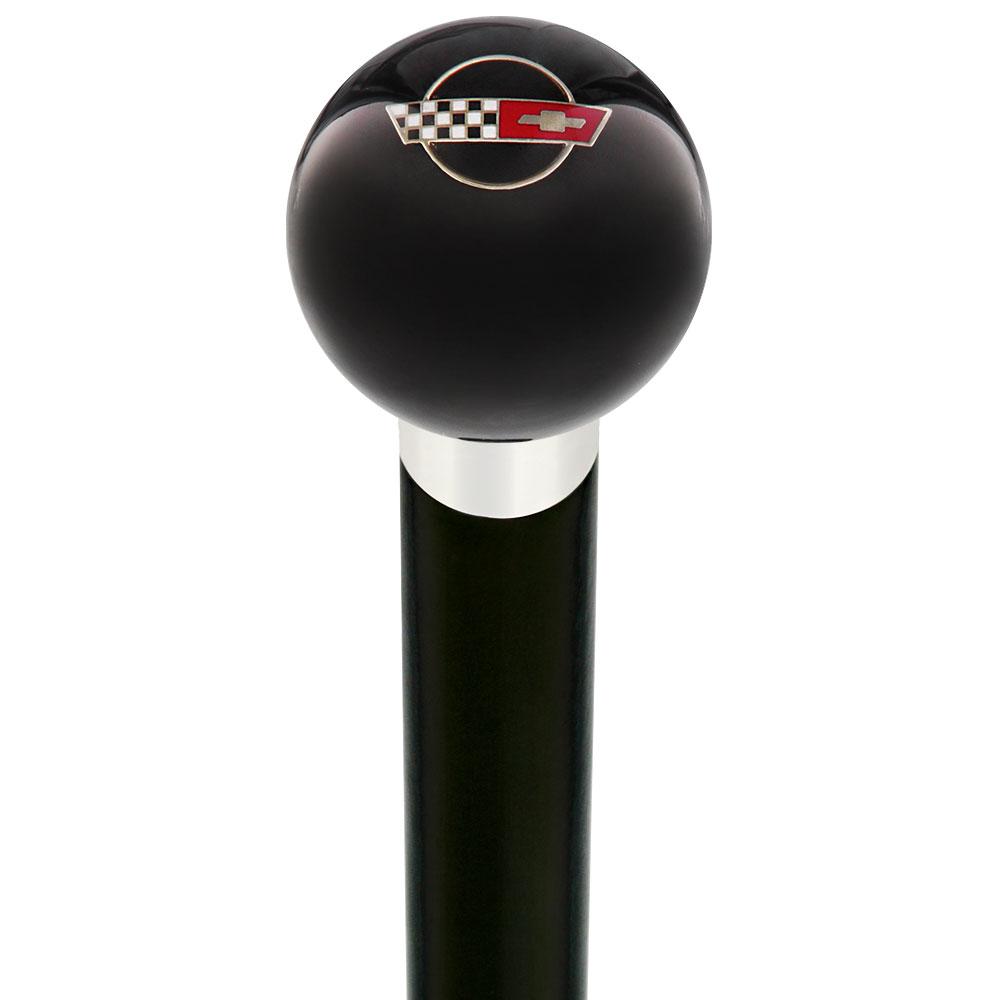 Licensed Corvette Side by Side Flags Emblem Black Round Knob Cane w/ Custom Wood Shaft & Collar Car Themed Canes - Tophatter Daily Deals