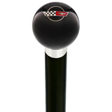 Licensed Corvette Side by Side Flags Emblem Black Round Knob Cane w/ Custom Wood Shaft & Collar Car Themed Canes - Tophatter Daily Deals