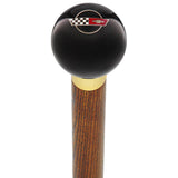 Licensed Corvette Side by Side Flags Emblem Black Round Knob Cane w/ Custom Wood Shaft & Collar Car Themed Canes - Tophatter Daily Deals
