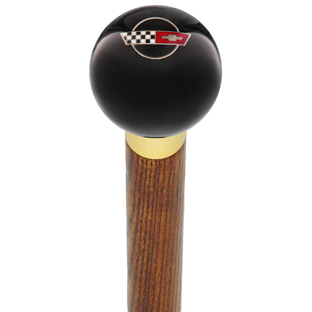 Licensed Corvette Side by Side Flags Emblem Black Round Knob Cane w/ Custom Wood Shaft & Collar Car Themed Canes - Tophatter Daily Deals