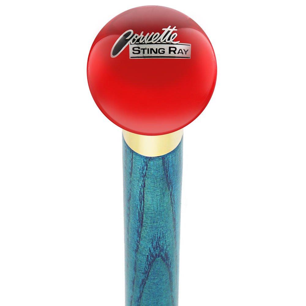 Licensed Corvette Sting Ray Vintage Emblem Red Round Knob Cane w/ Custom Color Ash Shaft & Collar Car Themed Canes - Tophatter Daily Deals