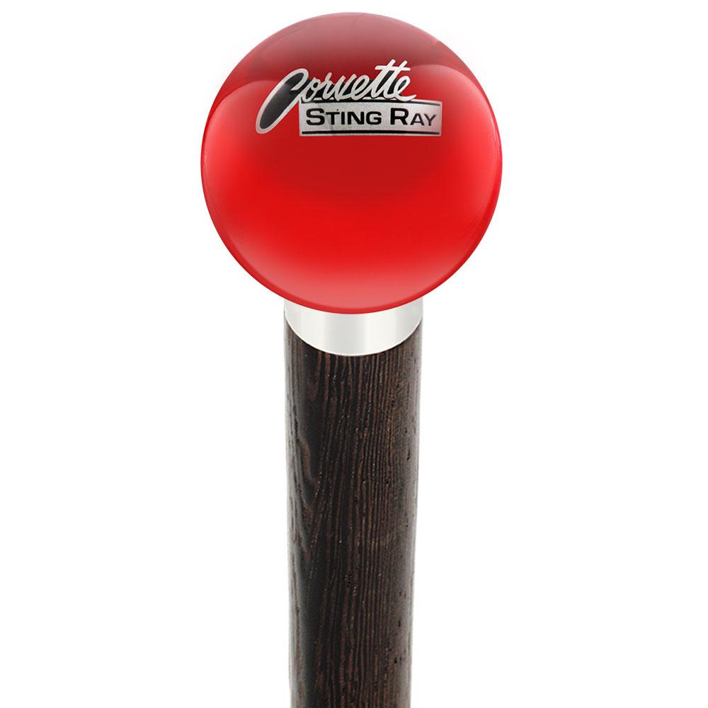 Licensed Corvette Sting Ray Vintage Emblem Red Round Knob Cane w/ Custom Wood Shaft & Collar Car Themed Canes - Tophatter Daily Deals