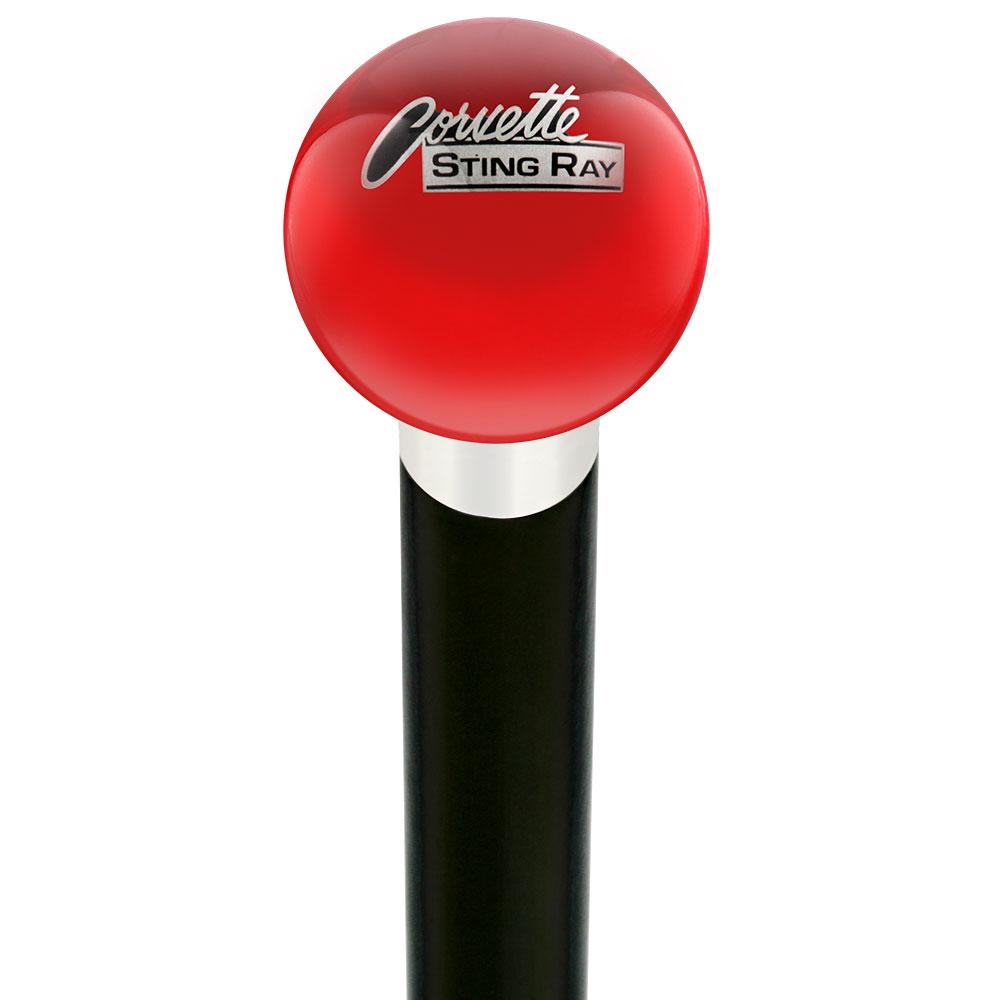 Licensed Corvette Sting Ray Vintage Emblem Red Round Knob Cane w/ Custom Wood Shaft & Collar Car Themed Canes - Tophatter Daily Deals