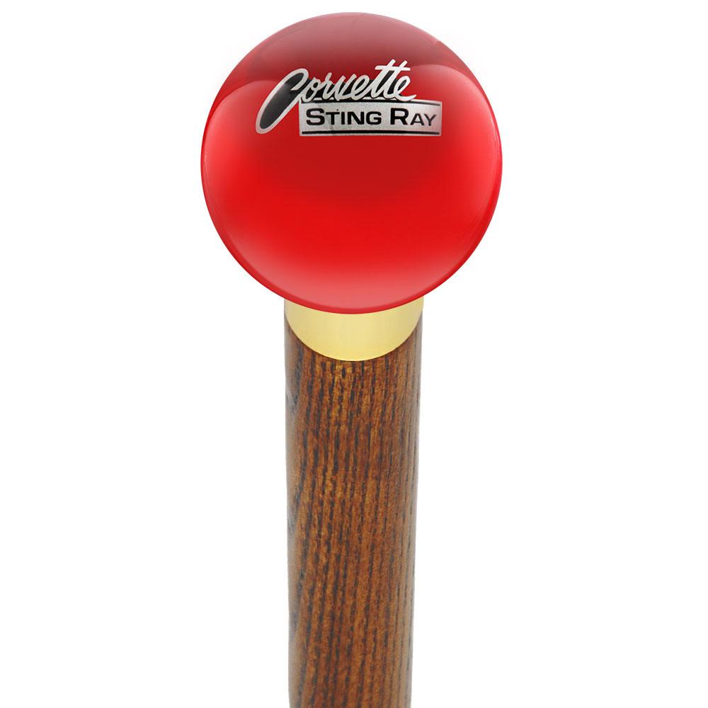 Licensed Corvette Sting Ray Vintage Emblem Red Round Knob Cane w/ Custom Wood Shaft & Collar Car Themed Canes - Tophatter Daily Deals