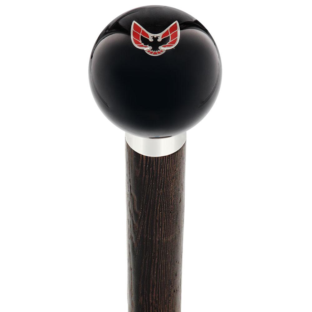 Licensed Firebird Emblem Black Round Knob Cane w/ Custom Wood Shaft & Collar Car Themed Canes - Tophatter Daily Deals
