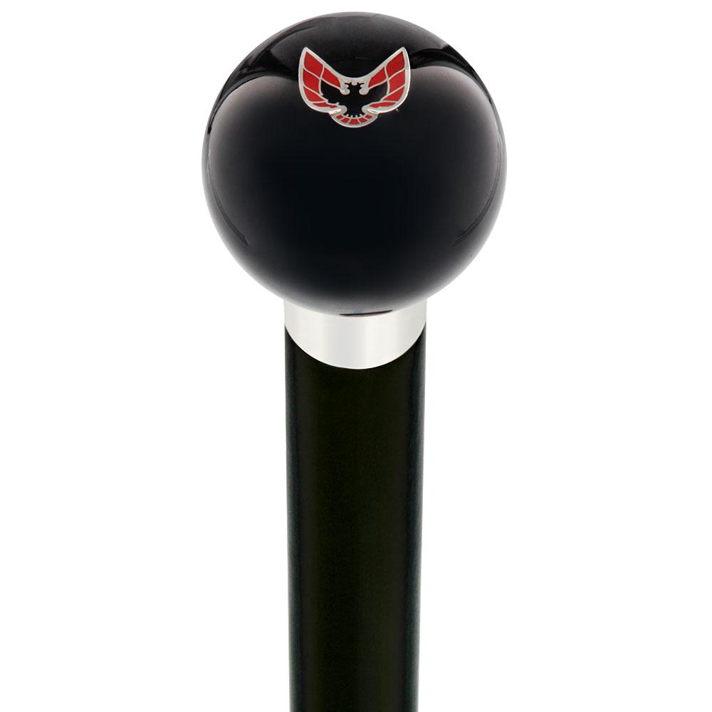 Licensed Firebird Emblem Black Round Knob Cane w/ Custom Wood Shaft & Collar Car Themed Canes - Tophatter Daily Deals