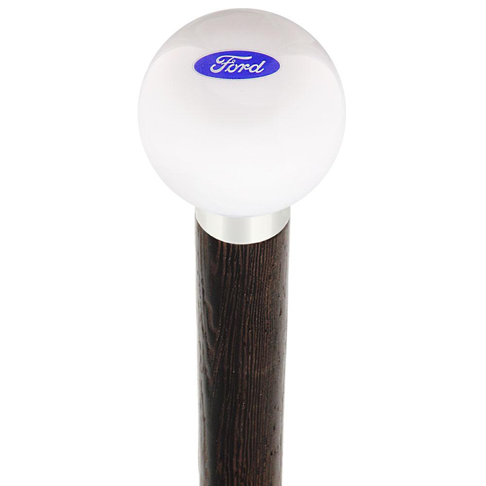 Licensed Ford Emblem White Round Knob Cane w/ Custom Wood Shaft & Collar Car Themed Canes - Tophatter Daily Deals
