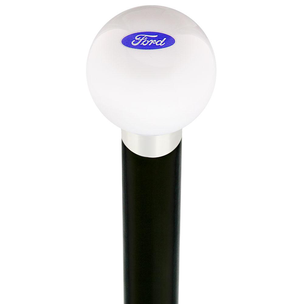 Licensed Ford Emblem White Round Knob Cane w/ Custom Wood Shaft & Collar Car Themed Canes - Tophatter Daily Deals