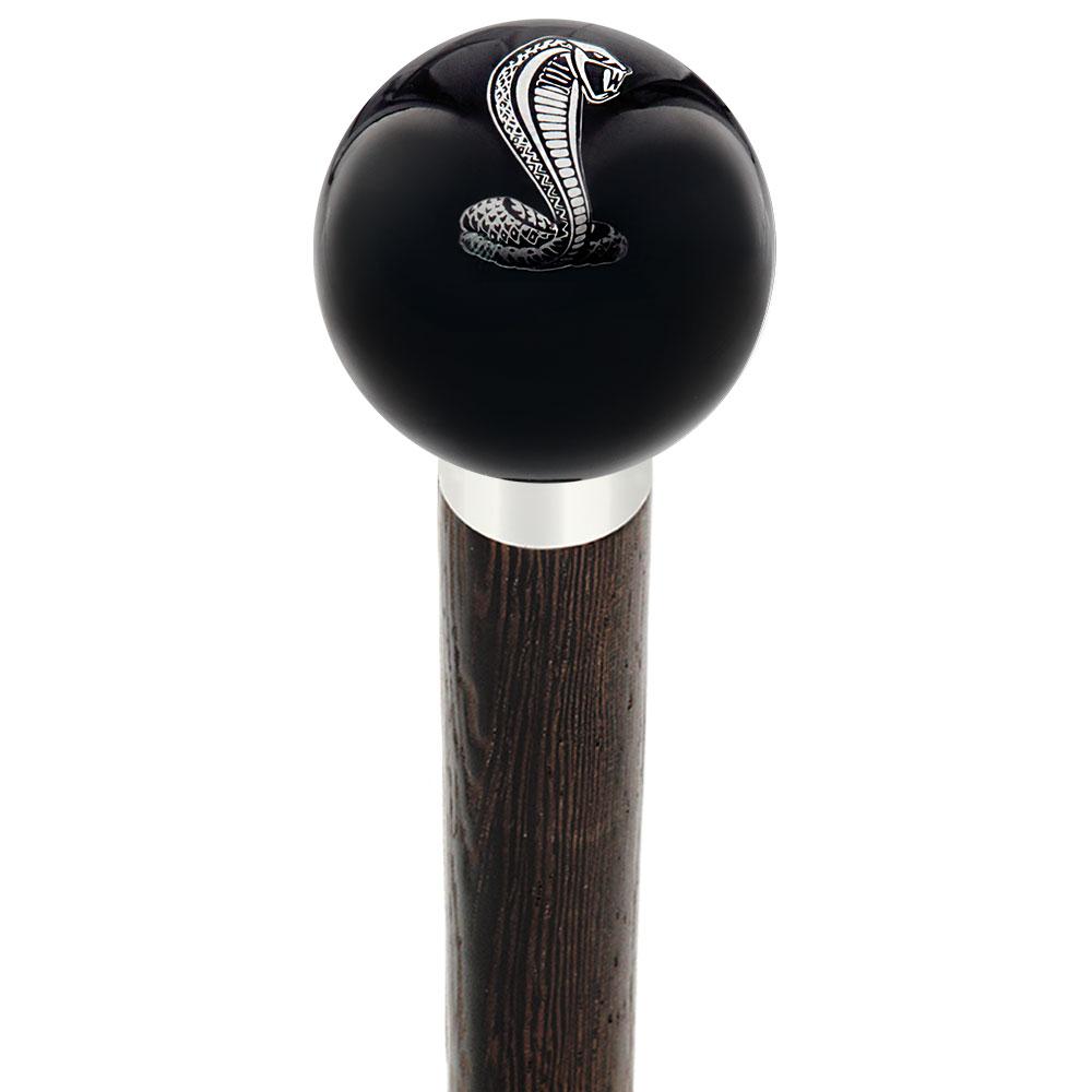 Licensed Mustang Cobra Emblem Black Round Knob Cane w/ Custom Wood Shaft & Collar Car Themed Canes - Tophatter Daily Deals