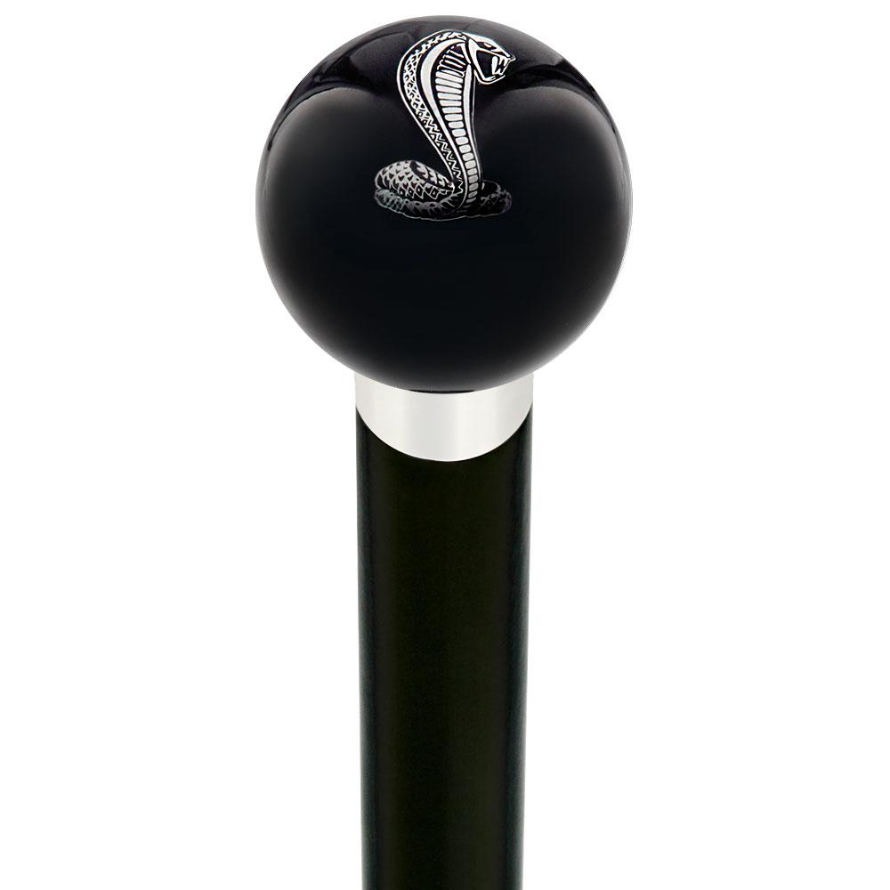 Licensed Mustang Cobra Emblem Black Round Knob Cane w/ Custom Wood Shaft & Collar Car Themed Canes - Tophatter Daily Deals
