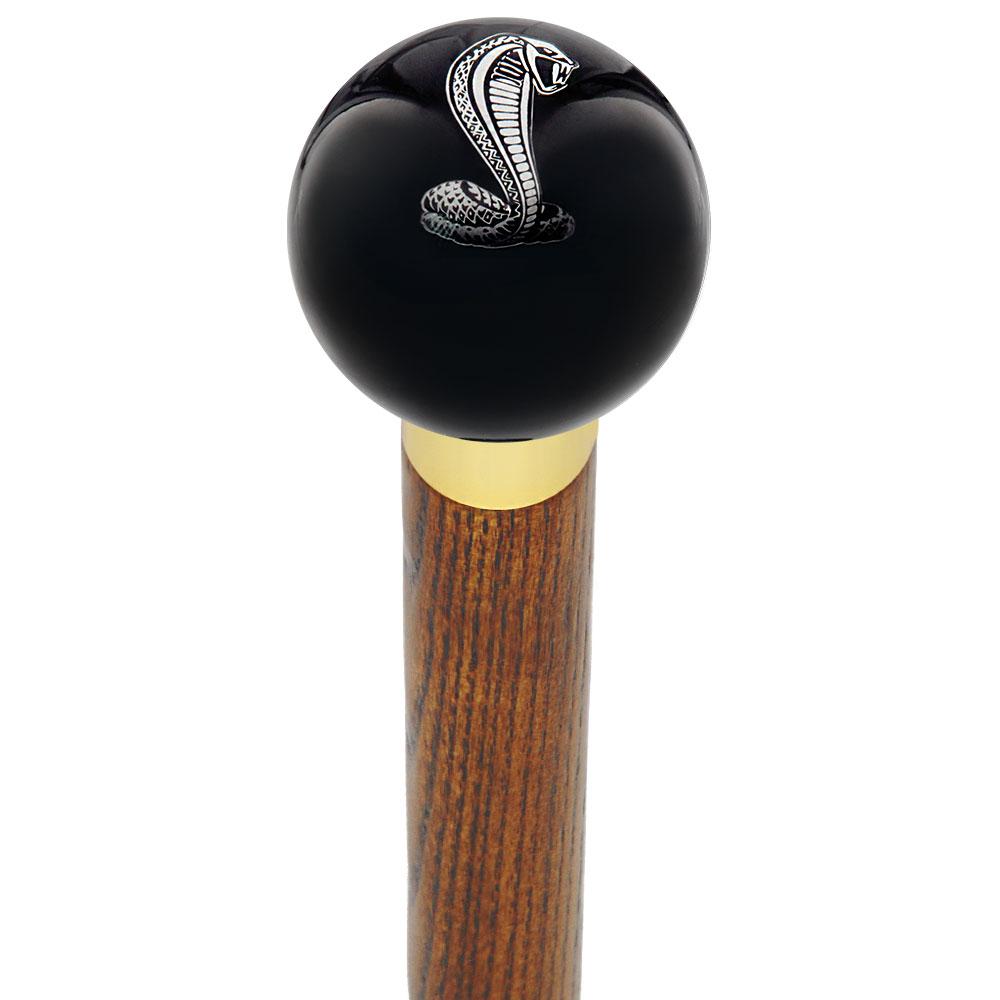 Licensed Mustang Cobra Emblem Black Round Knob Cane w/ Custom Wood Shaft & Collar Car Themed Canes - Tophatter Daily Deals