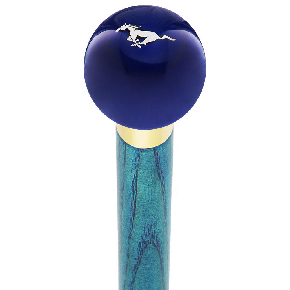 Licensed Mustang Horse Emblem Dark Blue Round Knob Cane w/ Custom Color Ash Shaft & Collar Car Themed Canes - Tophatter Daily Deals
