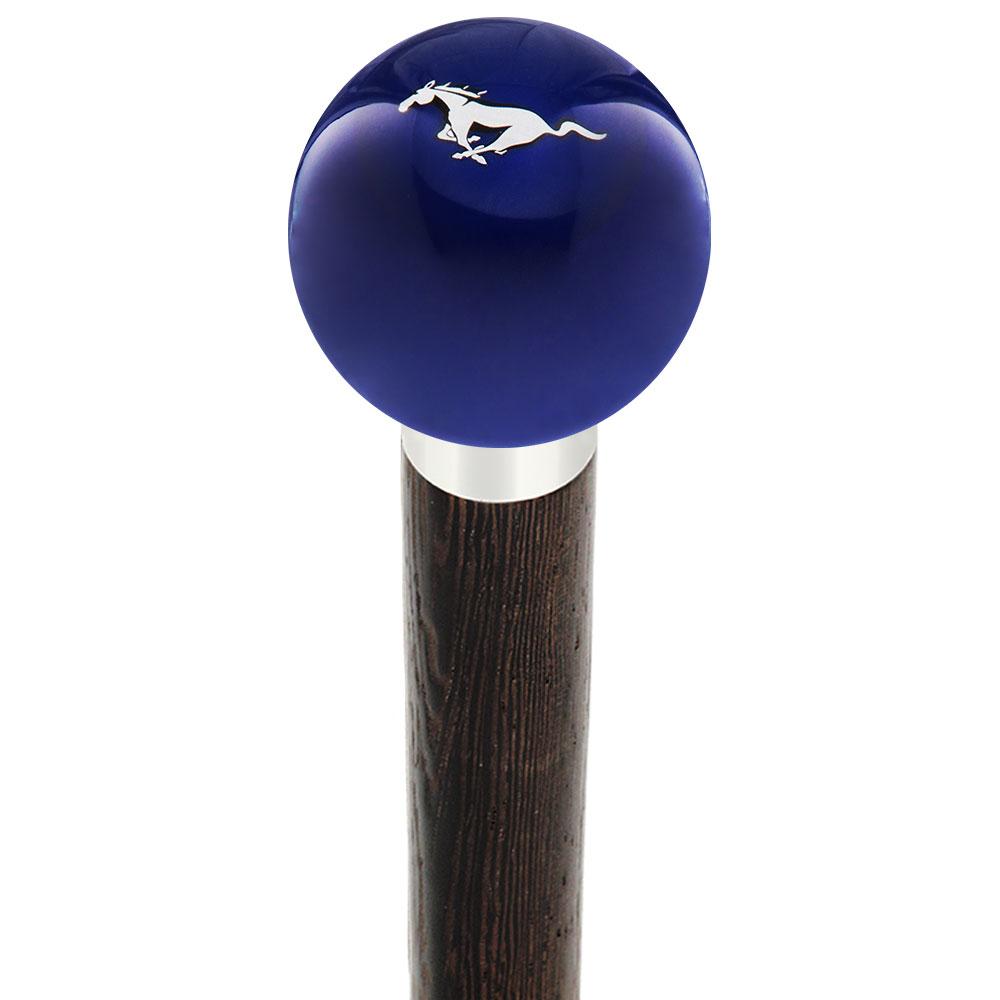 Licensed Mustang Horse Emblem Dark Blue Round Knob Cane w/ Custom Wood Shaft & Collar Car Themed Canes - Tophatter Daily Deals