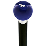 Licensed Mustang Horse Emblem Dark Blue Round Knob Cane w/ Custom Wood Shaft & Collar Car Themed Canes - Tophatter Daily Deals