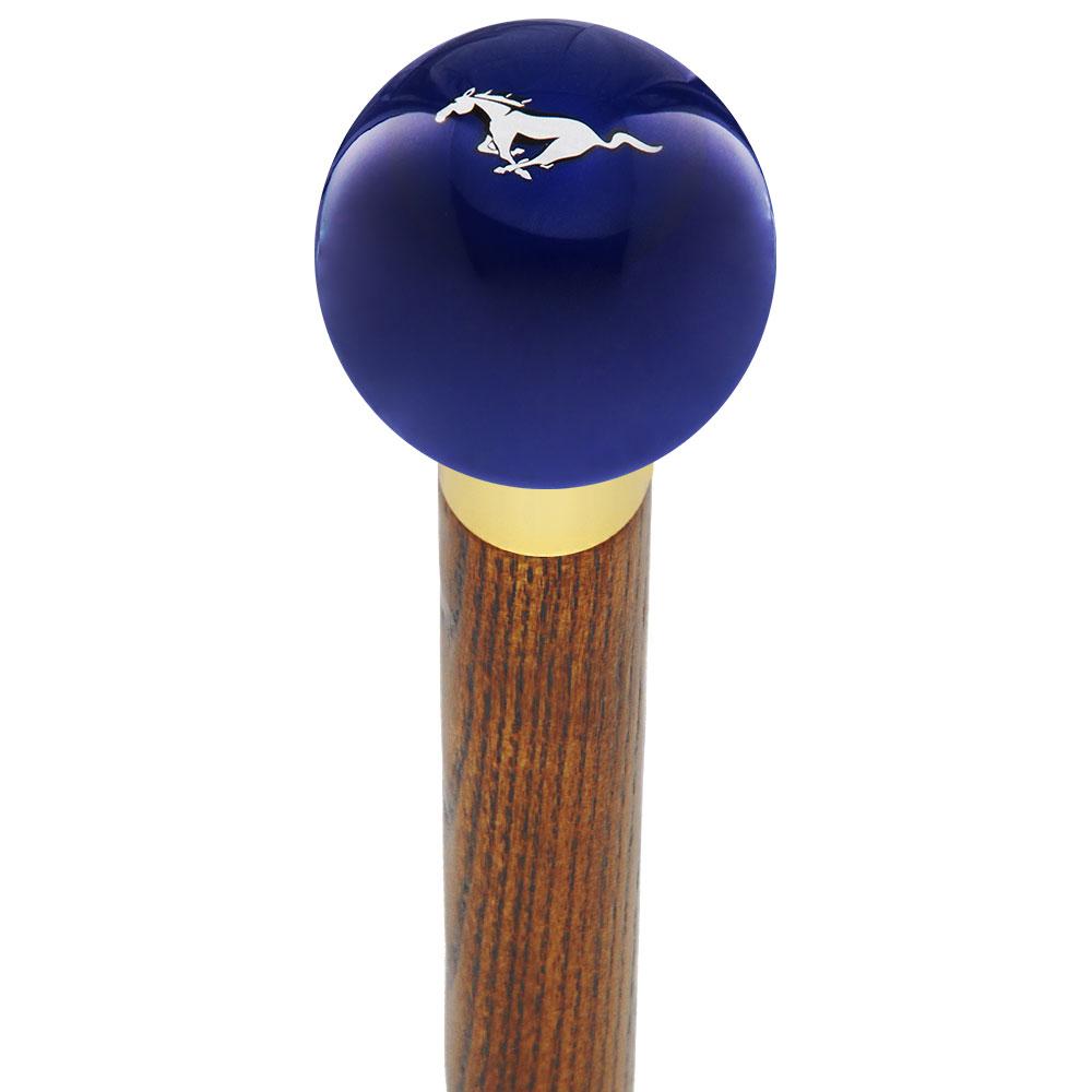 Licensed Mustang Horse Emblem Dark Blue Round Knob Cane w/ Custom Wood Shaft & Collar Car Themed Canes - Tophatter Daily Deals