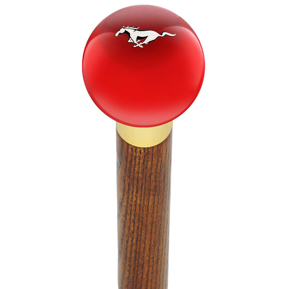 Licensed Mustang Horse Emblem Red Round Knob Cane w/ Custom Color Ash Shaft & Collar Car Themed Canes - Tophatter Daily Deals