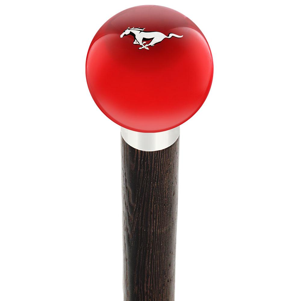 Licensed Mustang Horse Emblem Red Round Knob Cane w/ Custom Wood Shaft & Collar Car Themed Canes - Tophatter Daily Deals