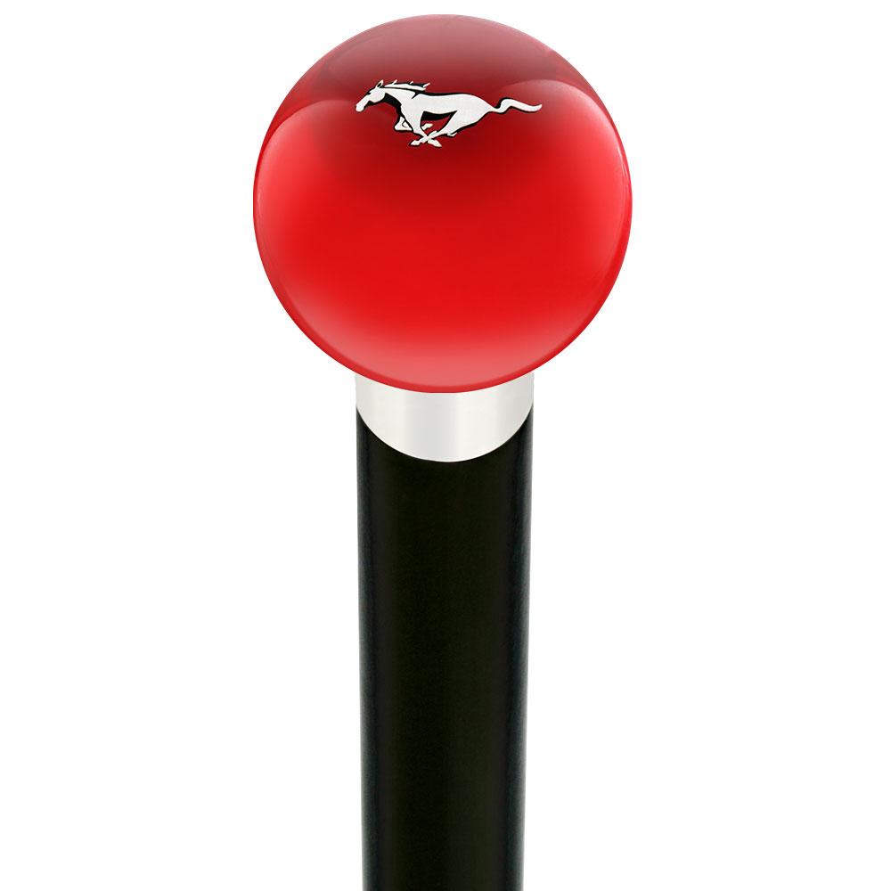 Licensed Mustang Horse Emblem Red Round Knob Cane w/ Custom Wood Shaft & Collar Car Themed Canes - Tophatter Daily Deals