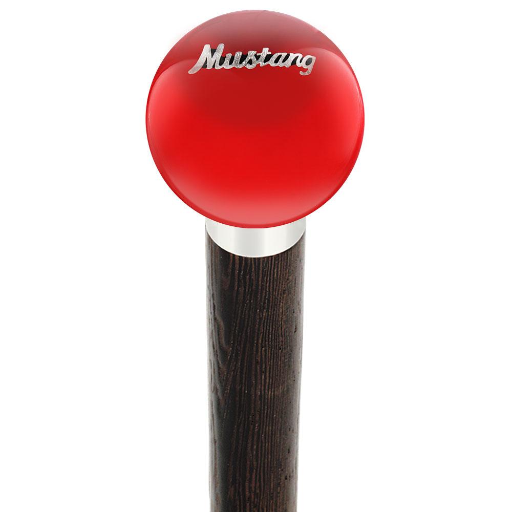 Licensed Mustang Vintage Emblem Red Round Knob Cane w/ Custom Wood Shaft & Collar Car Themed Canes - Tophatter Daily Deals