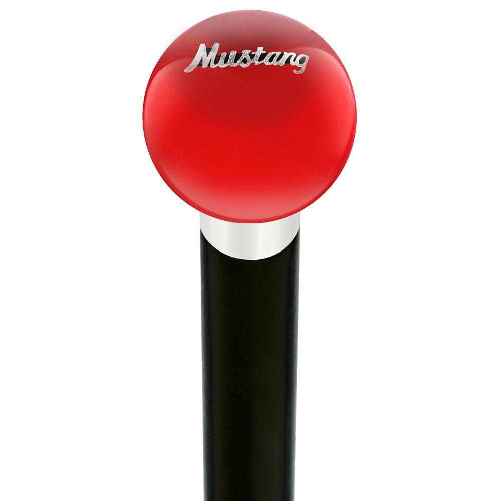 Licensed Mustang Vintage Emblem Red Round Knob Cane w/ Custom Wood Shaft & Collar Car Themed Canes - Tophatter Daily Deals