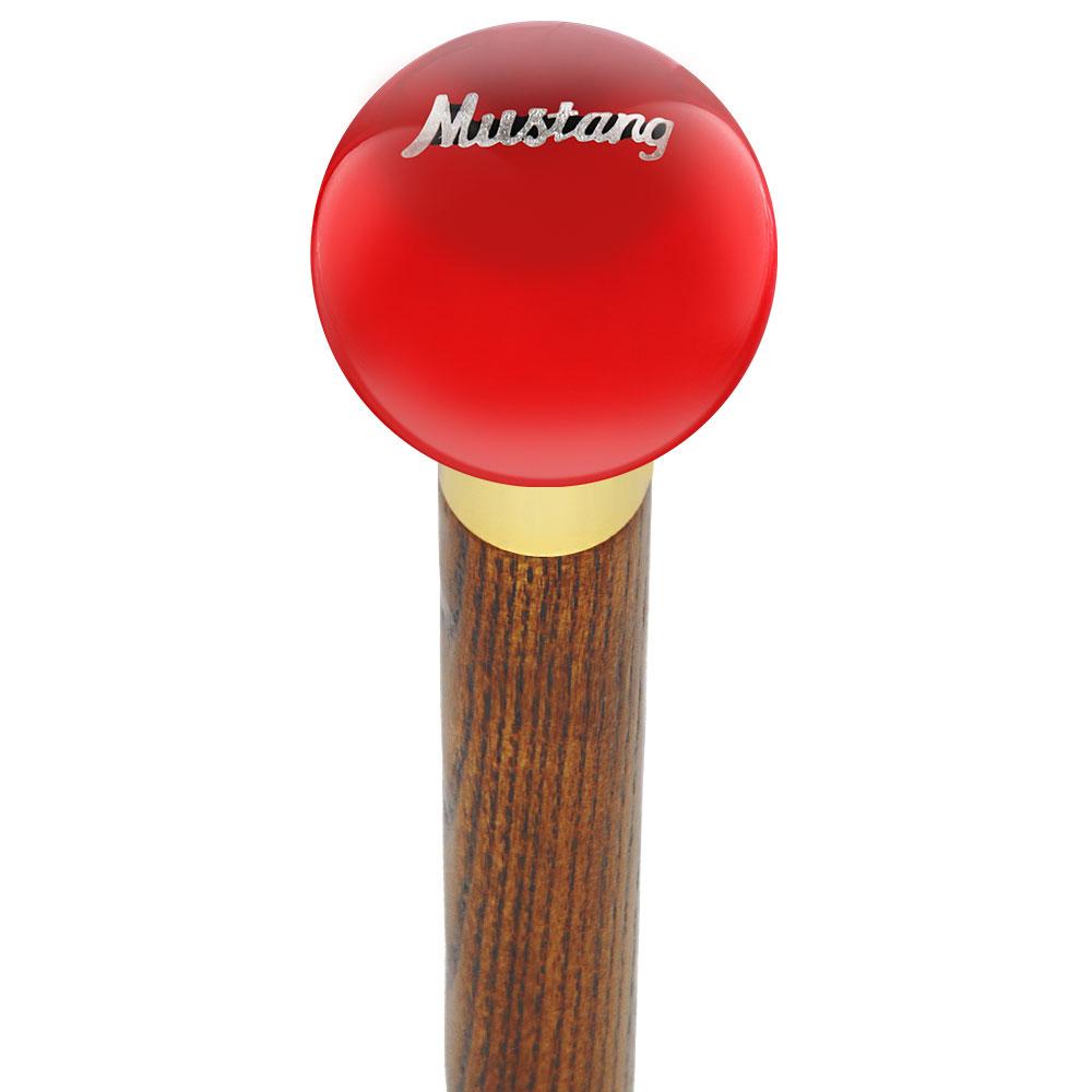 Licensed Mustang Vintage Emblem Red Round Knob Cane w/ Custom Wood Shaft & Collar Car Themed Canes - Tophatter Daily Deals