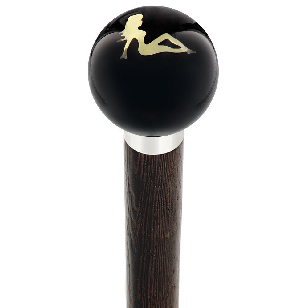 Mudflag Trucker Girl Black Round Knob Cane w/ Custom Wood Shaft & Collar Car Themed Canes - Tophatter Daily Deals