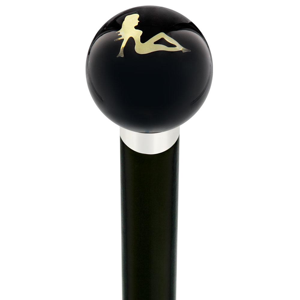 Mudflag Trucker Girl Black Round Knob Cane w/ Custom Wood Shaft & Collar Car Themed Canes - Tophatter Daily Deals