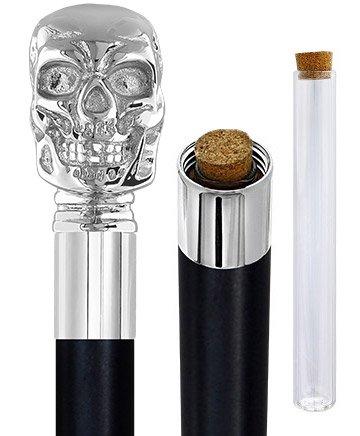 Skull Premium Chrome Brass Flask Cane: Wood Shaft Hidden Flask Flask Canes - Tophatter Daily Deals