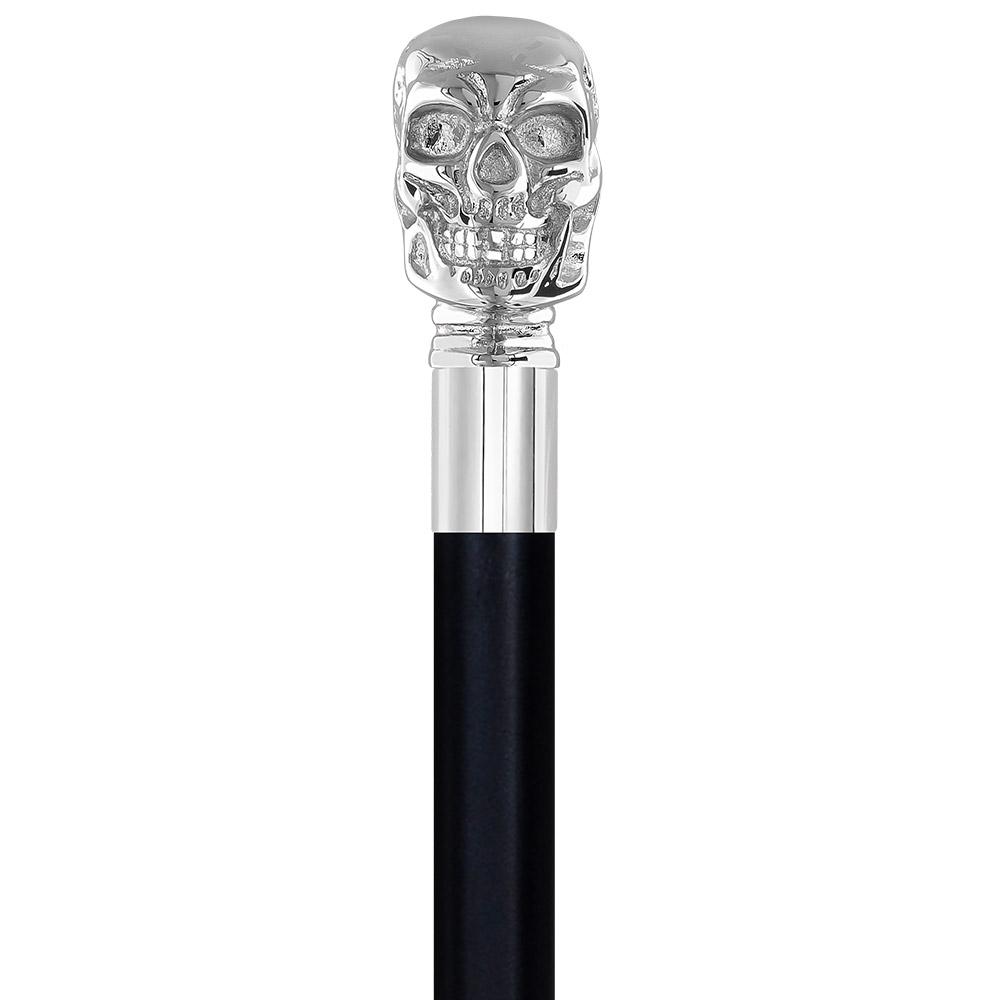 Skull Premium Chrome Brass Flask Cane: Wood Shaft Hidden Flask Flask Canes - Tophatter Daily Deals