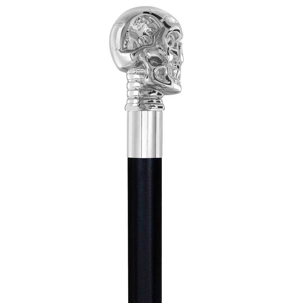 Skull Premium Chrome Brass Flask Cane: Wood Shaft Hidden Flask Flask Canes - Tophatter Daily Deals