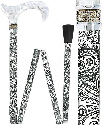 White Pearl w/ Rhinestone collar and black Swirl Designer Adjustable Orthopedic Folding Cane Folding Canes - Tophatter Daily Deals