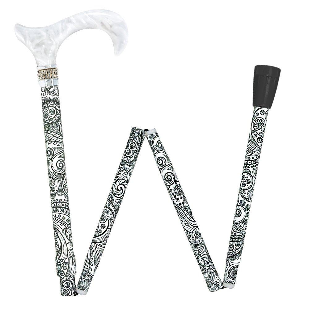 White Pearl w/ Rhinestone collar and black Swirl Designer Adjustable Orthopedic Folding Cane Folding Canes - Tophatter Daily Deals