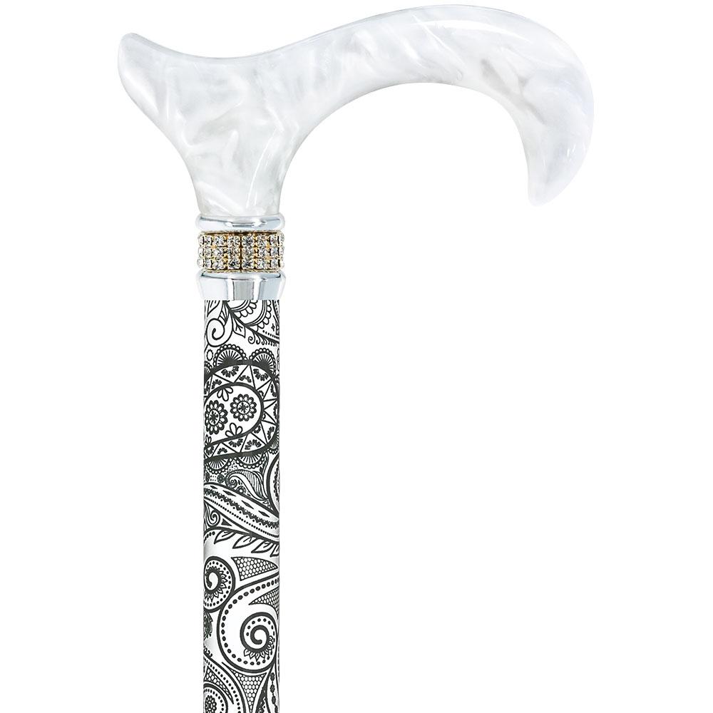 White Pearl w/ Rhinestone collar and black Swirl Designer Adjustable Orthopedic Folding Cane Folding Canes - Tophatter Daily Deals