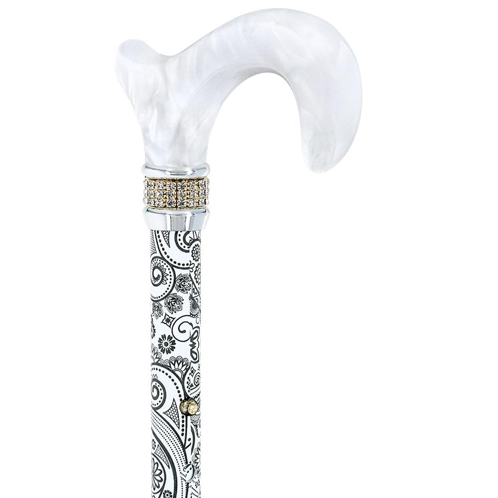 White Pearl w/ Rhinestone collar and black Swirl Designer Adjustable Orthopedic Folding Cane Folding Canes - Tophatter Daily Deals