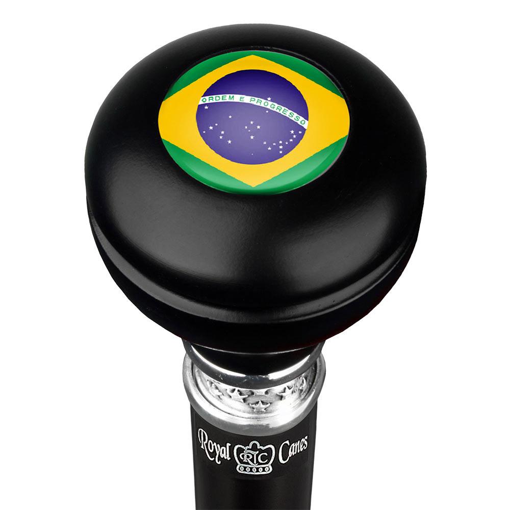 Brazil Flag Emblem Knob Stick: Large Knob, Pewter Collar Military Walking Canes - Tophatter Daily Deals