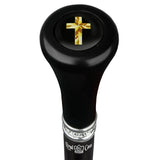 Christian Cross Symbol Top Walking Stick w/ Black Beechwood Shaft & Pewter Collar Military Walking Canes - Tophatter Daily Deals