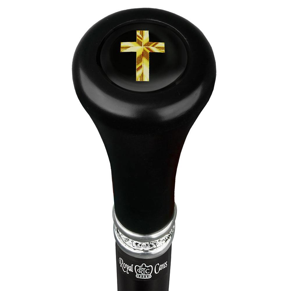 Christian Cross Symbol Top Walking Stick w/ Black Beechwood Shaft & Pewter Collar Military Walking Canes - Tophatter Daily Deals