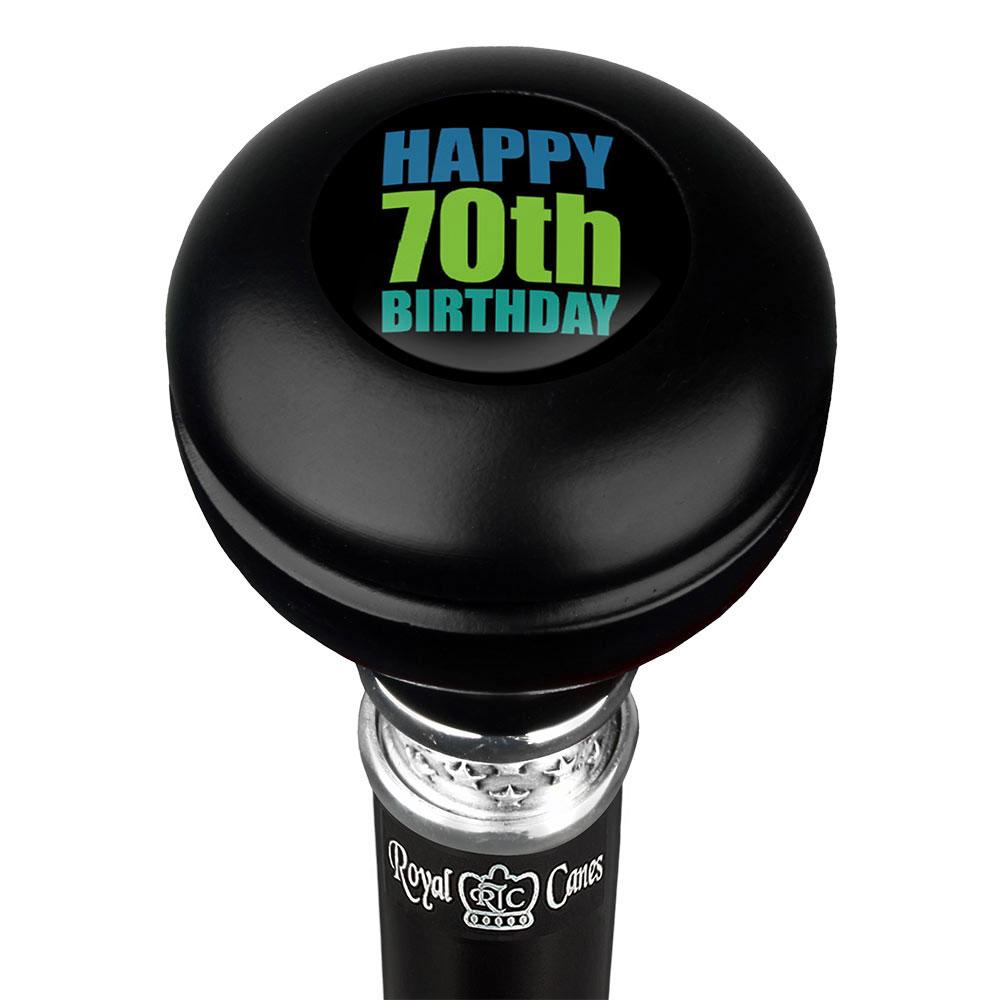 Happy 70th Birthday Knob Walking Stick w/ Black Beechwood Shaft & Pewter Collar Military Walking Canes - Tophatter Daily Deals