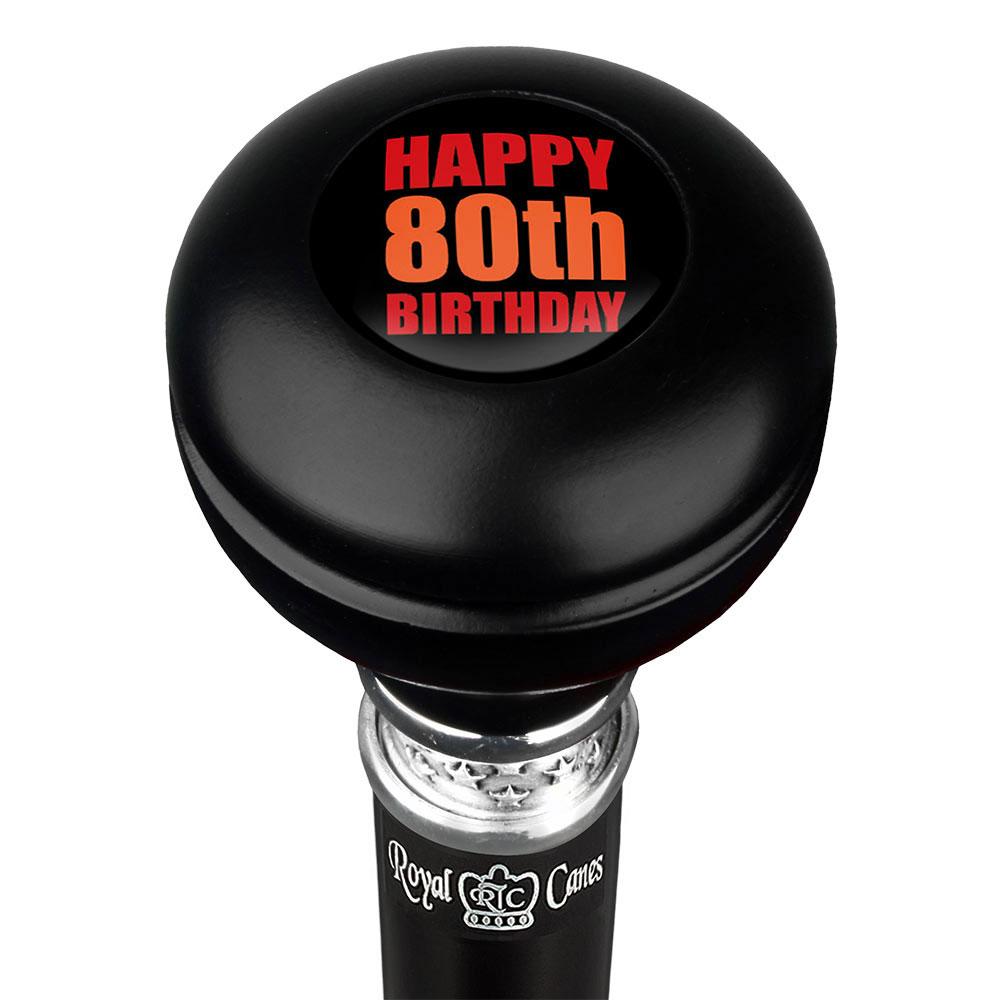 Happy 80th Birthday Knob Walking Stick w/ Black Beechwood Shaft & Pewter Collar Military Walking Canes - Tophatter Daily Deals