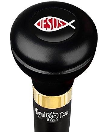 Jesus Fish Symbol Flask Walking Stick w/ Black Beechwood Shaft & Pewter Collar Military Walking Canes - Tophatter Daily Deals