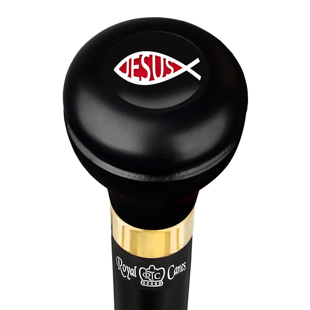 Jesus Fish Symbol Flask Walking Stick w/ Black Beechwood Shaft & Pewter Collar Military Walking Canes - Tophatter Daily Deals