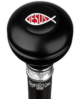 Jesus Fish Symbol Knob Walking Stick w/ Black Beechwood Shaft & Pewter Collar Military Walking Canes - Tophatter Daily Deals