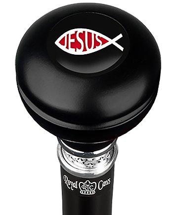 Jesus Fish Symbol Knob Walking Stick w/ Black Beechwood Shaft & Pewter Collar Military Walking Canes - Tophatter Daily Deals
