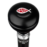 Jesus Fish Symbol Knob Walking Stick w/ Black Beechwood Shaft & Pewter Collar Military Walking Canes - Tophatter Daily Deals
