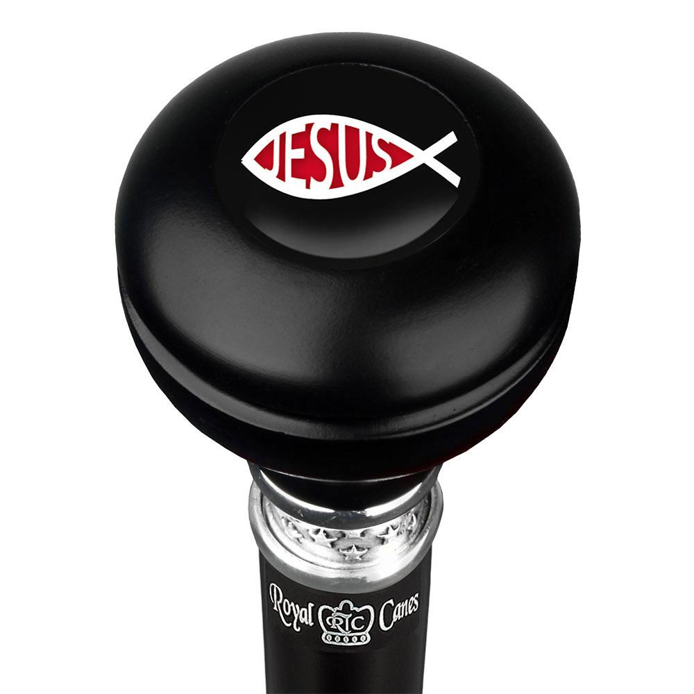 Jesus Fish Symbol Knob Walking Stick w/ Black Beechwood Shaft & Pewter Collar Military Walking Canes - Tophatter Daily Deals